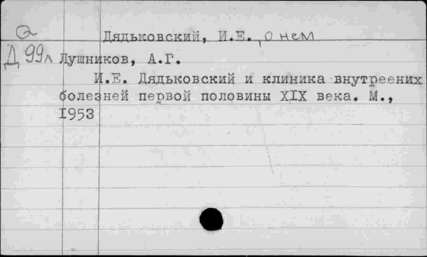 ﻿		1 Лядкипнекий, И."Я- 0 нглл
Л 99л лушнь		;ков, А.Г.
(	1 ^олег	[.Я. Дядьковский и клиника внутреених ней первой половины XIX века. М.,
1	1953	
		
		
		
		
		
	—•		